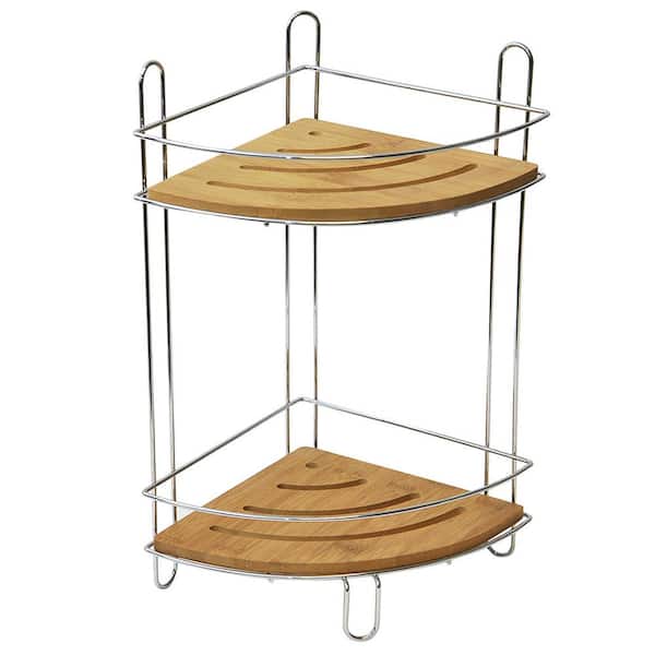 EVIDECO French home goods Corner 7.8 in. W x 14.4 in. H x 7.8 in. D Bamboo Triangle 2 Shelves in Chrome Metal