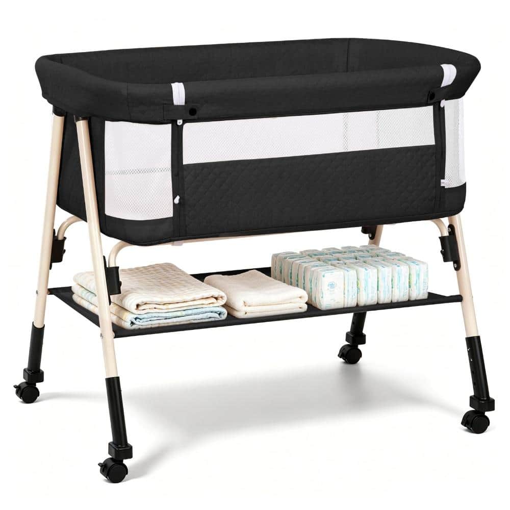 Black Baby Bassinet, 3-in-1 Baby Bassinets Bedside Sleeper for Newborn with Breathable Mesh, 4-Adjustable Height