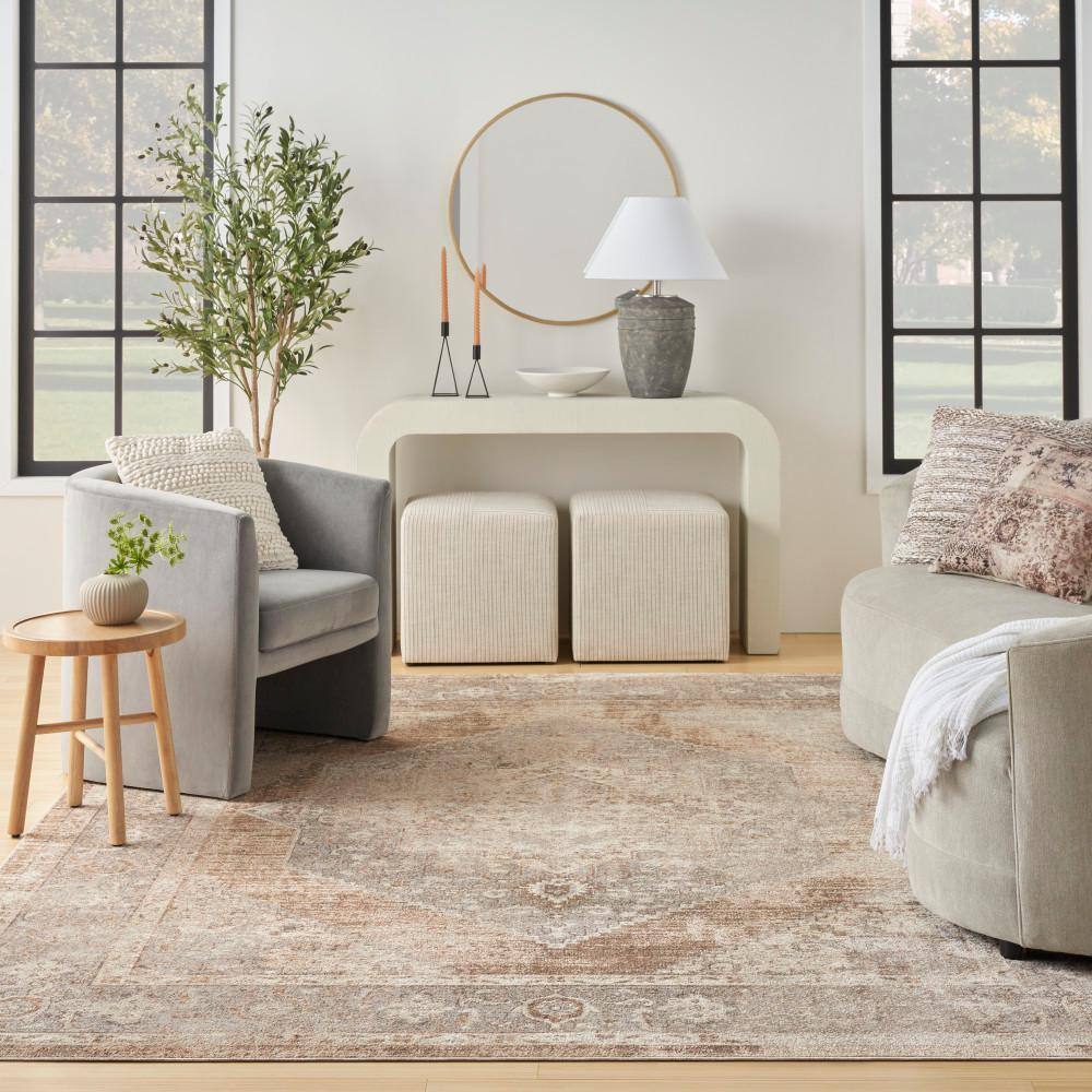 Beige Medallion Washable Synthetic Rectangular Area Rug 6'7" x 9'