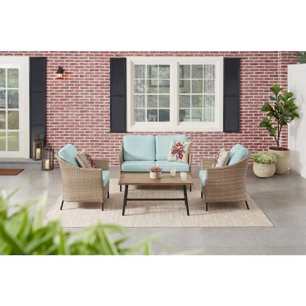 StyleWell Park Pointe 4-Piece Wicker Patio Conversation Set with Seabreeze Cushions