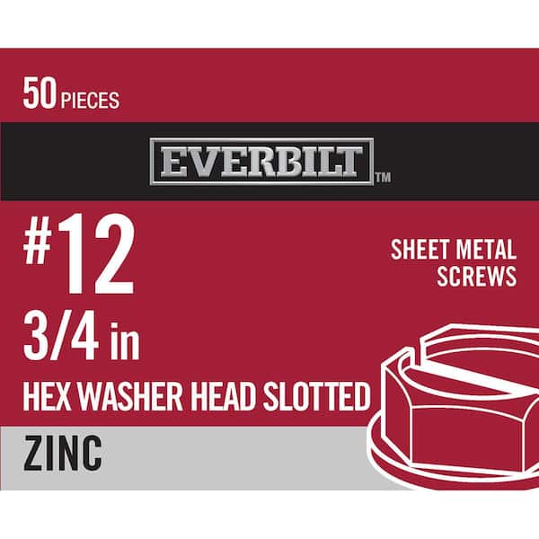 Everbilt #12 x 3/4 in. Zinc Plated Slotted Hex Head Sheet Metal Screw (50-Pack)