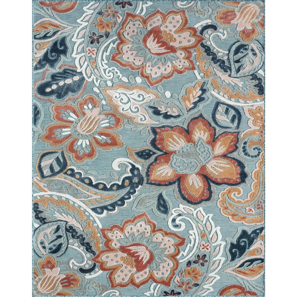 Tropic Floral Aqua 9 ft. x 12 ft. Indoor/Outdoor Area Rug
