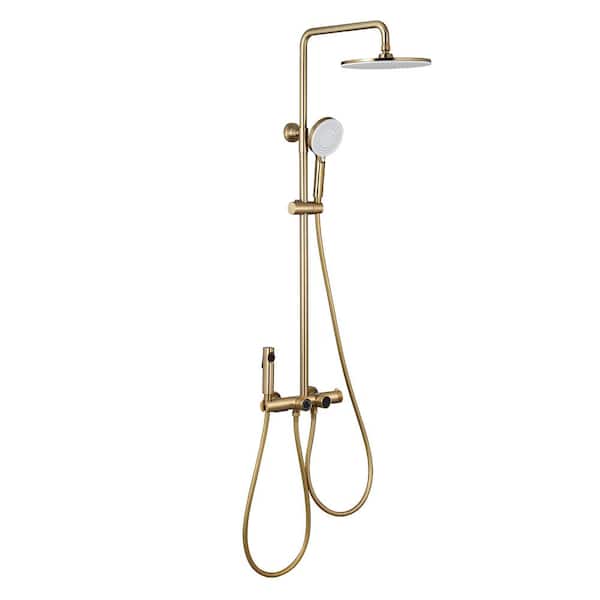 Mondawe 3-Spray 2.64 GPM 10 in. Wall Mount Fixed and Handheld Dual Shower Head with Thermostatic Shower Valve in Brushed Gold
