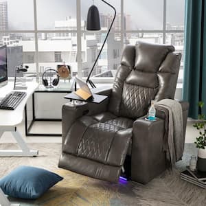Gray PU Power Motion Recliner with USB Charging Port, Hidden Arm Storage, Cup Holders, and 360° Swivel Tray Table