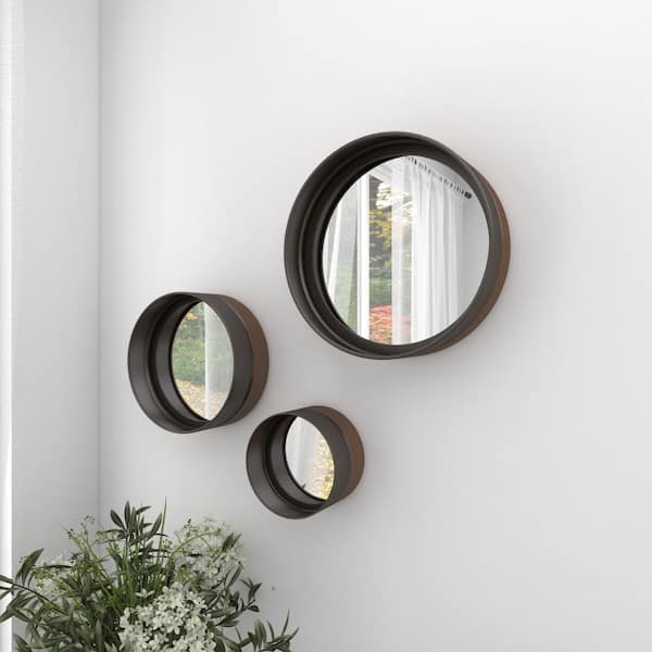 Litton Lane 16 in. x 16 in. Round Framed Dark Brown Wall Mirror (Set of 3)