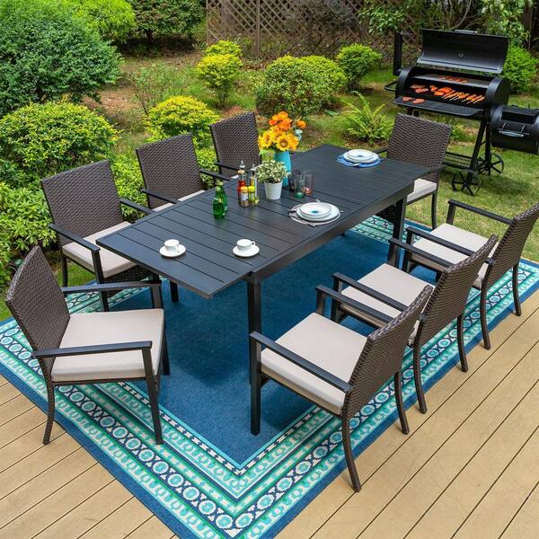 PHI VILLA Black 9-Piece Metal Patio Outdoor Dining Set with Expandable Table and Rattan Chairs with Beige Cushion