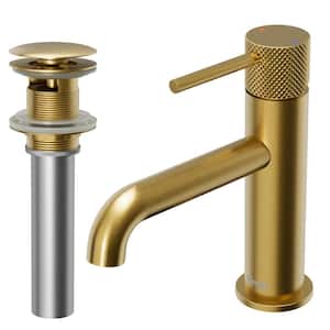 Tryst Single-Handle Single-Hole Basin Bathroom Faucet with Matching Pop-Up Drain in Brushed Gold
