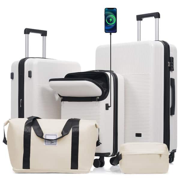5 Bags 5-Piece White Expandable ABS Luggage Set with Duffel Bag, Toiletry Bag, Front Half-Opening Design(20"), USB Port