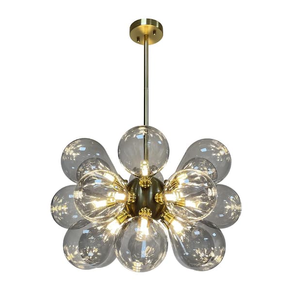 HUOKU Alma 18-Light Brass Finish Sputnik Chandelier with Clear-Gray Glass Ball for Hallway