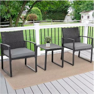 3-Piece Black Wicker Outdoor Bistro Set with Gray Cushions