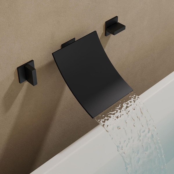 Wide Waterfall Double Handle 6 in. Wall-Mounted 1-Spray Tub and Shower Faucet 6.6 GPM in. Matte Black Valve Included