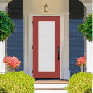 Legacy 36 in. x 80 in. Full Lite Rain Glass RHOS Primed Morocco Red Finish Fiberglass Prehung Front Door