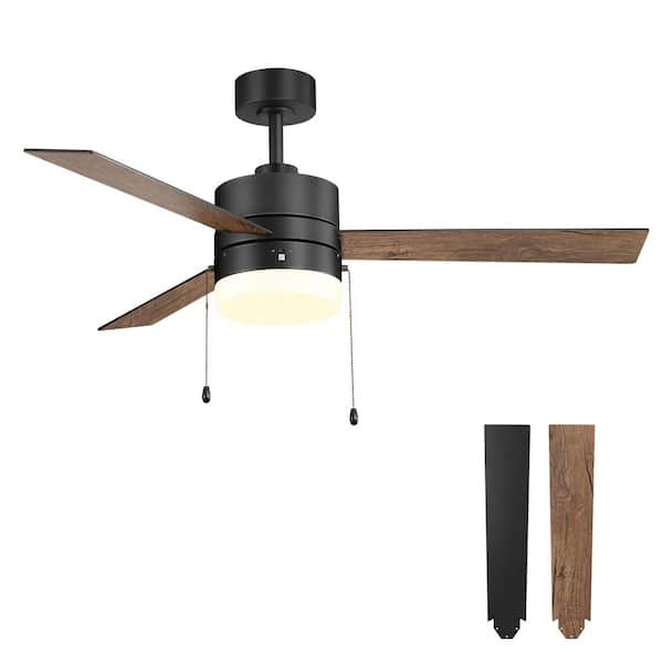 Flashwind 52 in. Indoor Black Standard Downrod Ceiling Fan with 2 LED Bulbs Included with Pull Chain and 3-Reversible Blade