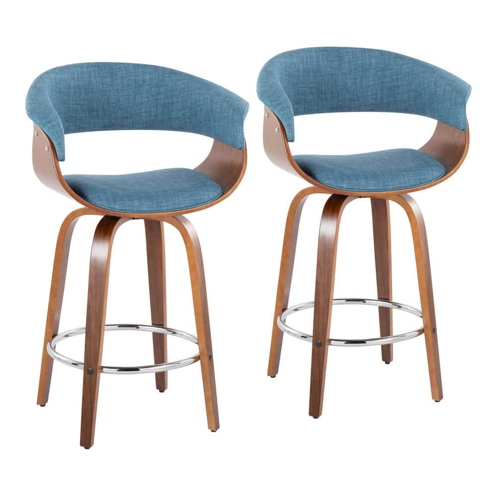 Vintage Mod 25.25 in. Blue Fabric, Walnut Wood and Chrome Metal Fixed-Height Counter Stool Round Footrest (Set of 2) -  Lumisource, 39176