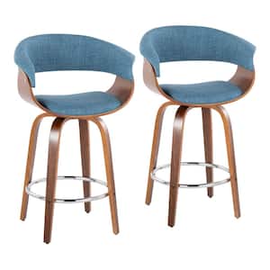 Vintage Mod 25.25 in. Blue Fabric, Walnut Wood and Chrome Metal Fixed-Height Counter Stool Round Footrest (Set of 2)