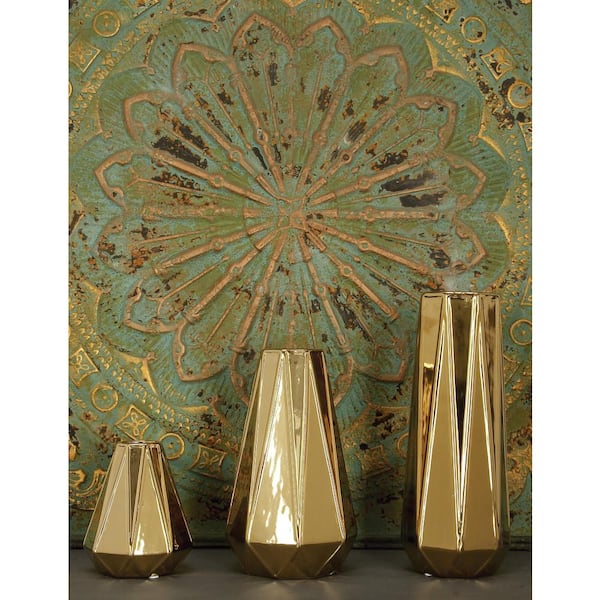 Litton Lane 14 in., 11 in., 7 in. Gold Geometric Ceramic Decorative Vase (Set of 3)