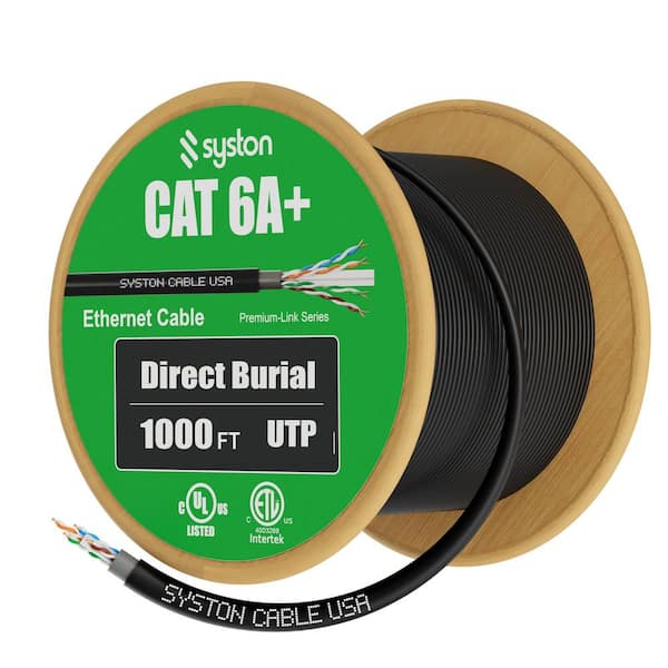 1000 ft. Cat 6A+ Direct Burial Ethernet Network Cable 700 MHz Outside Plant Waterproof Dual-Layer Jacket Outdoor-Black