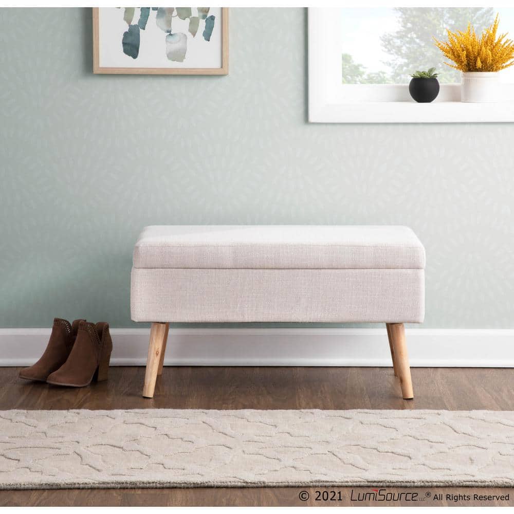 Beige Linen Upholstered Storage Bench with Natural Wood Legs