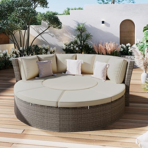 5-Piece Wicker Patio Conversation Set with Round Liftable Table Day Bed with Washable Cushions Gray Cushions