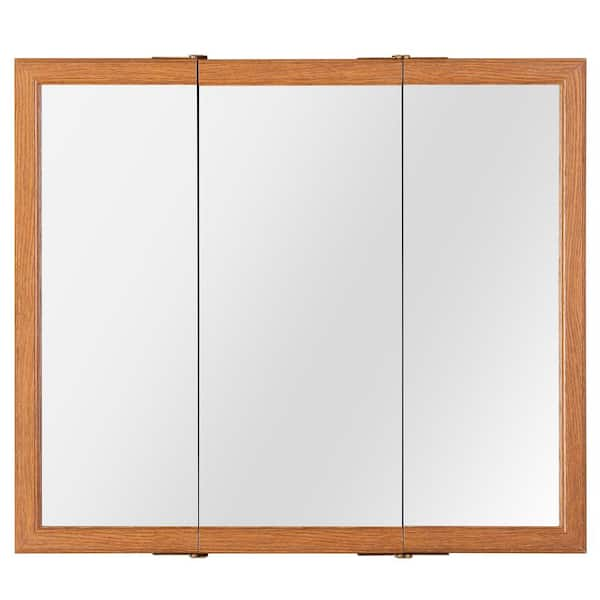 Kingswood 30 in. Surface Mount Oak Tri-View Medicine Cabinet with Mirror