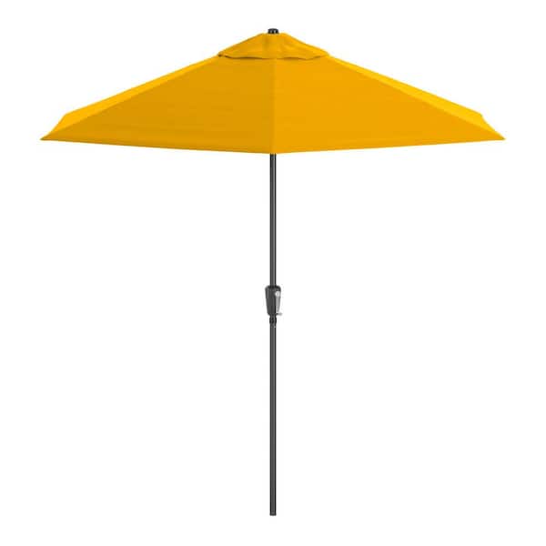 9 ft. Aluminum Pole Black Patio Umbrella, Push Button Tilt and Crank Lift, Solstice Olefin Fabric in Lemon