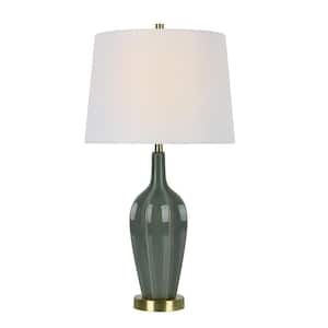 26.5 in. Reactive Green Needle Neck Vase Table Lamp with Satin Brass Metal Base and Accents with Decorator Shade