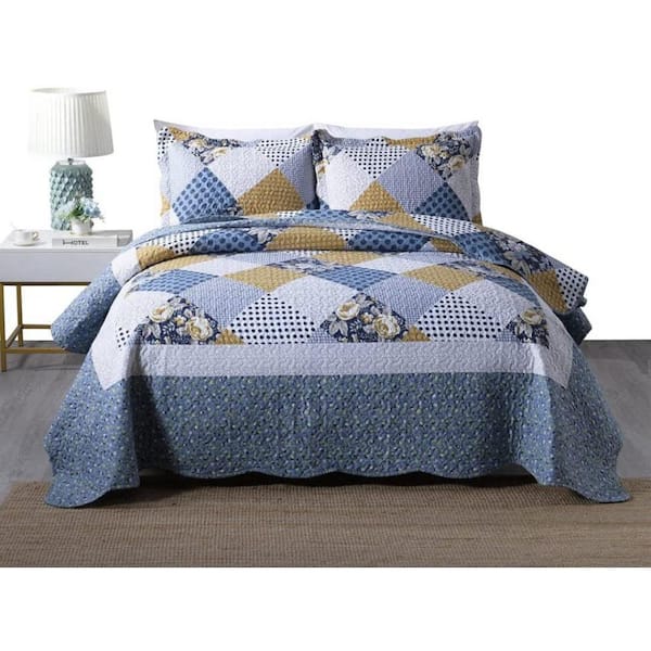 MarCielo B73 Printed 3-Piece Blue/Multi Floral Polyester Queen Size Lightweight Quilt Set