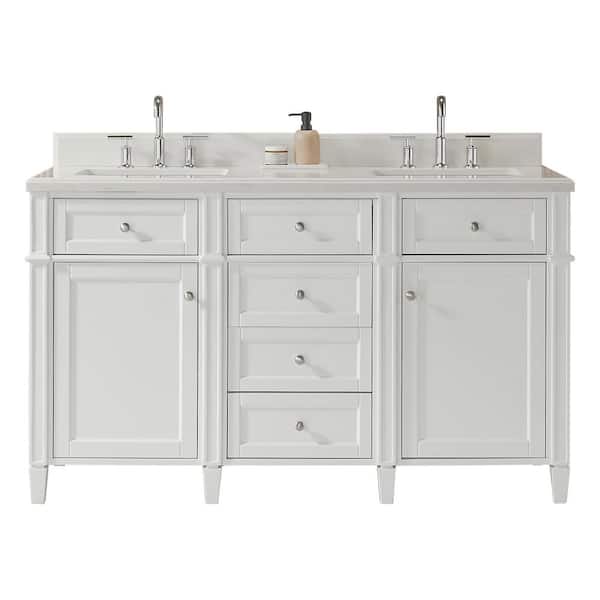 60 in. Double Sink Freestanding White Bath Vanity with White Quartz Top (Assembled) with Backsplash Adjustable Hinge