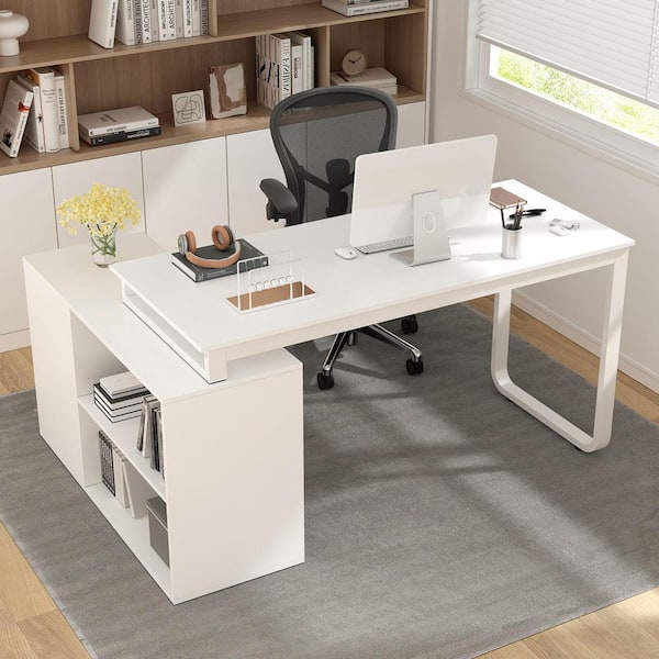 FUFU&GAGA 55.1" W : L-Shaped White Finish 1-Drawer Wooden Commercial Writing Desk with Open Shelves and Eco-Friendly Paint Finish