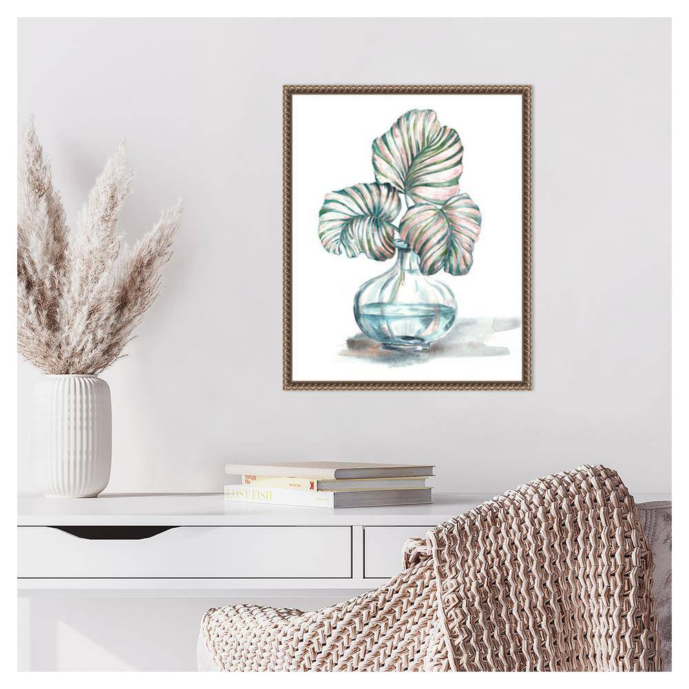 Contemporary Green and Pink Leaf Print on Canvas with Bronze Frame