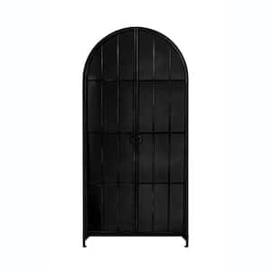 Black Arched Metal and Glass Storage Accent Cabinet with Doors and 3 Shelves