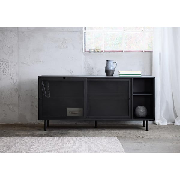 Black Metal 63 in. Sideboard with Metal Mesh Panelled Doors VEEP-5022-BLACK  - The Home Depot