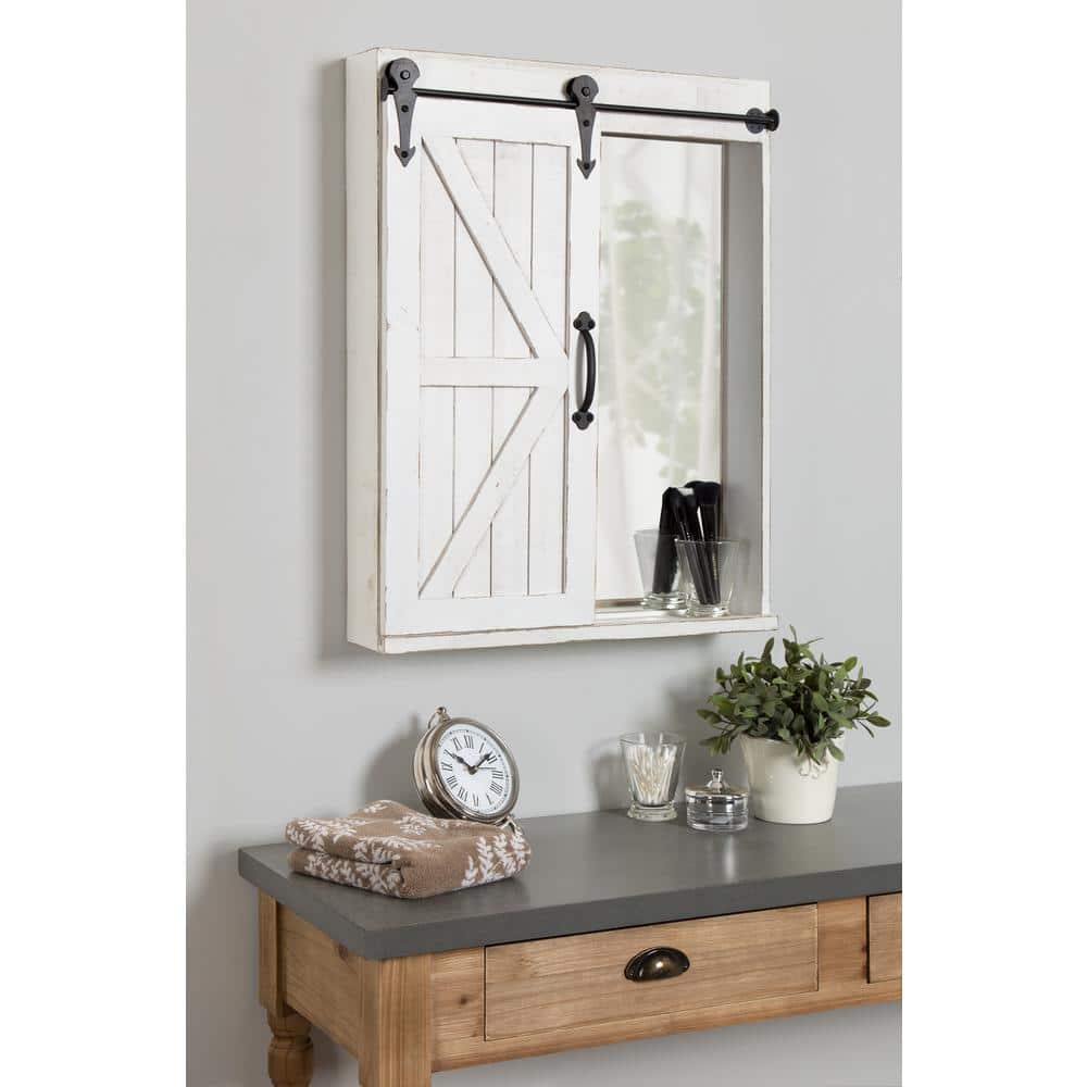 Rustic White Wood Wall Storage Cabinet with Sliding Barn Door and Mirror