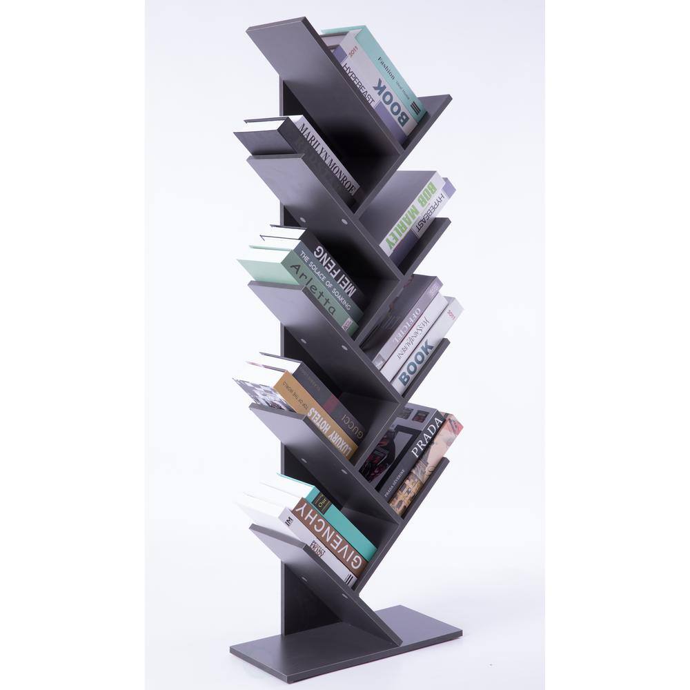 Gray Wooden 9-Shelf Tree Bookcase