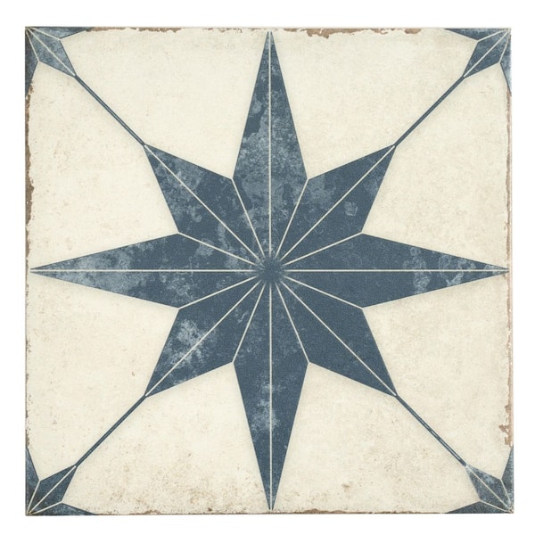 Faenza 8 in. x 8 in. Matte White Navy Porcelain Square Motif Tile Sample (0.44 sq ft)