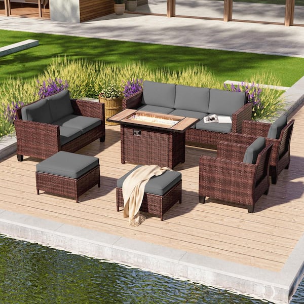 7-Pieces Patio Conversation Set with Rectangle Fire Pit Table and Loveseat Sofa, Brown Wicker with Gray Cushions