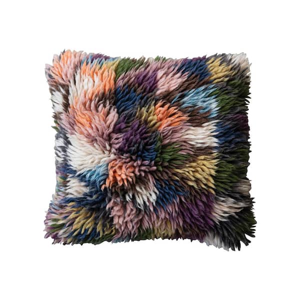 Storied Home Multi Colored Polyester 20 in. x 20 in. Woven New Zealand Wool Shag Throw Pillow with Cotton Back