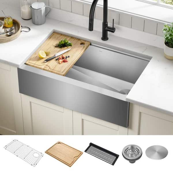 Kore 33 in. Farmhouse/Apron-Front Single Bowl 16 Gauge Stainless Steel Kitchen Workstation Sink with Accessories