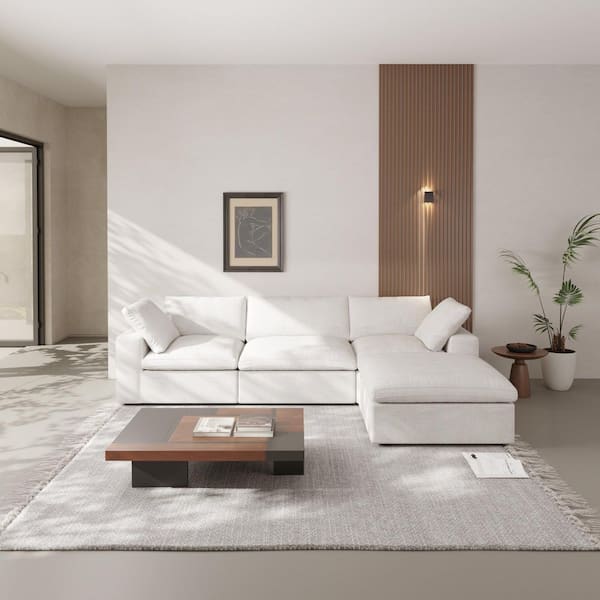 120.31 in. Square Arm Linen 4-Piece L Shaped Free Combination 4-Seater Sectional Sofa with Ottoman in. White