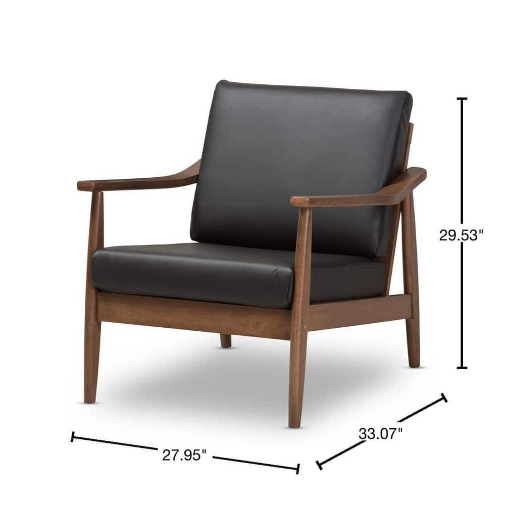 Venza Mid-Century Modern Lounge Chair in Black Faux Leather & Walnut