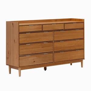 9-Drawer Caramel Solid Wood Mid-Century Modern Dresser with Tray Top (36 in. H x 60 in. W x 16 in. D)