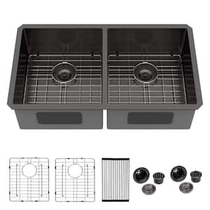 Logmey 33 in. Undermount Double Bowl 60/40 Sink Gunmetal Black 16