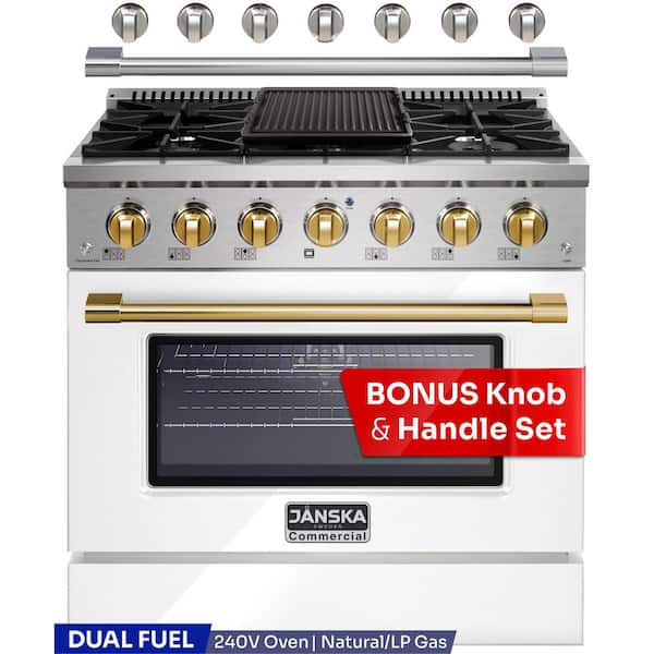 Professional 36 in. Freestanding Dual Fuel Range, 6-Burners, 5.2 cu. ft. Electric Oven, Griddle in Lustrous White