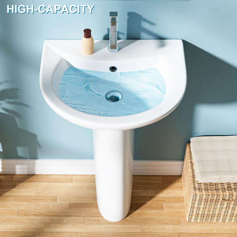 White Ceramic Gloss Pedestal Bathroom Sink with Overflow Drain
