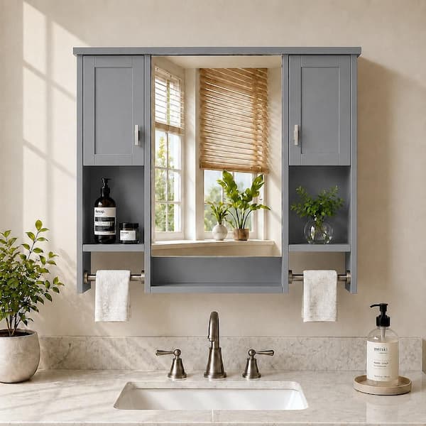 Stellar 35 in. W x 28.7 in. H Rectangular MDF Modern Wall Mounted Bathroom Medicine Cabinet with Mirror in Gray