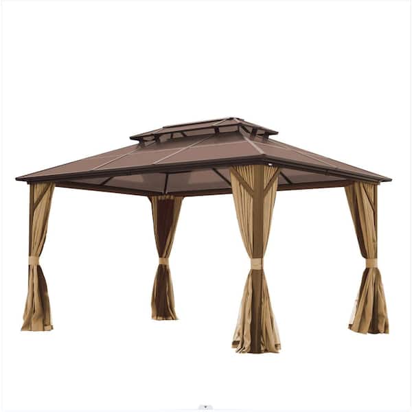Unbranded 10 ft. x 13 ft. Hardtop Gazebo with Mosquito Net and Curtains, All Weather for Patio, Water Resistance, Brown