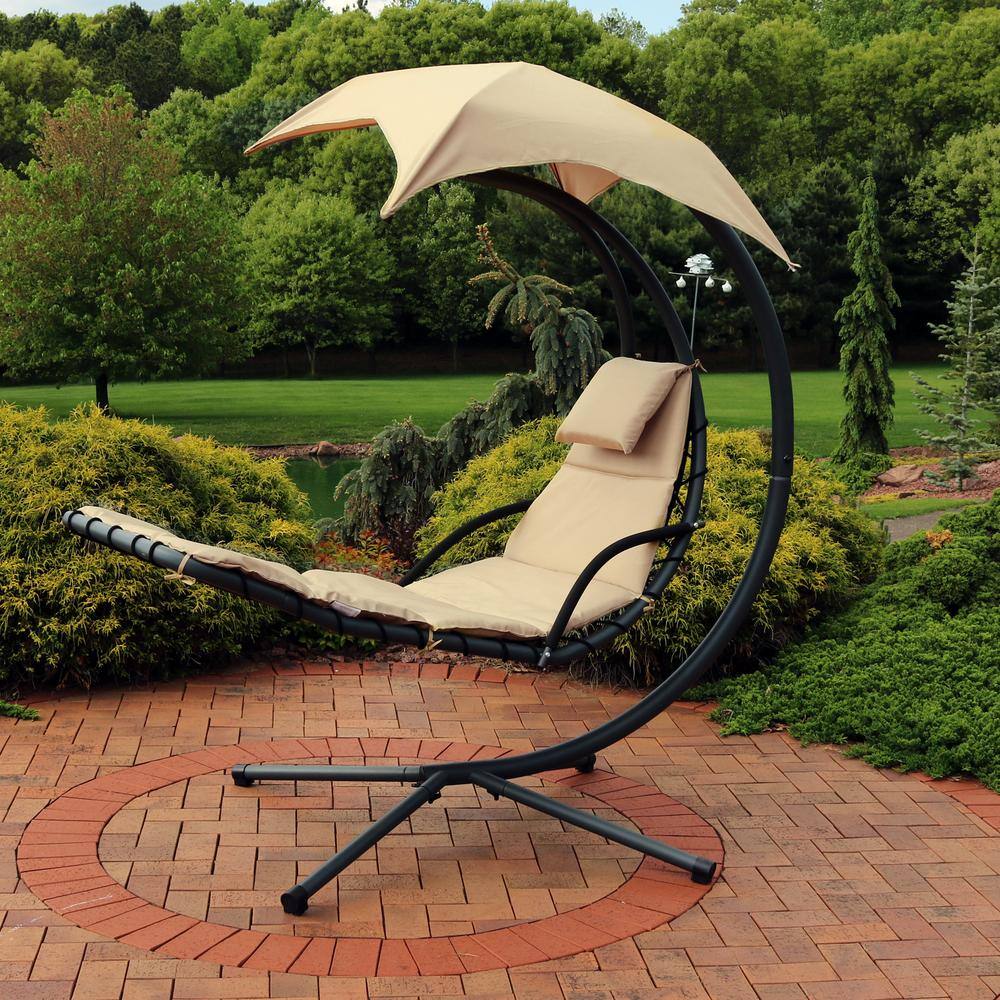 Beige Hanging Chaise Lounger with Cushions and Stand, Set of 2