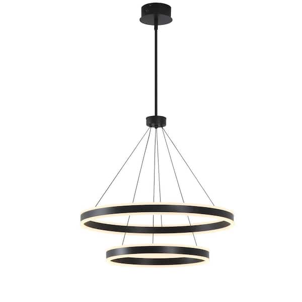 2-Lights Rings Integrated LED Black Dimmable Chandelier for Living Dining Room, 23.6 in.