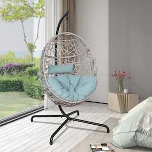 Wicker Patio Outdoor Egg Hanging Hammock Chair with Stand and Blue Cushion