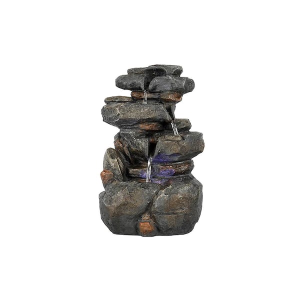 Watnature 10.4 in. Resin Tabletop Fountain with Lights, 4-Tier Resin Crafted Stacked Rock Waterfall Feature for Indoor Outdoor